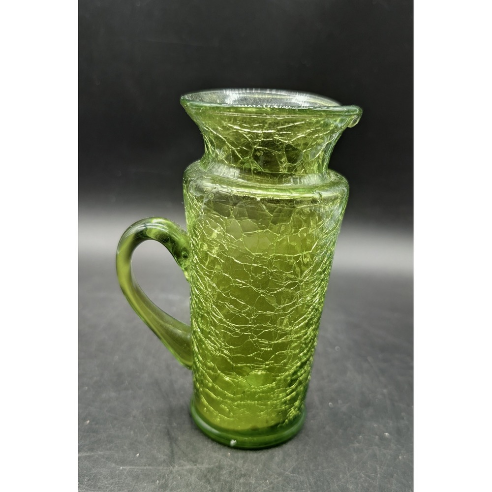 Vintage Green Crackle Glass Pitcher Hand Blown Mid Century Modern UV Reactive